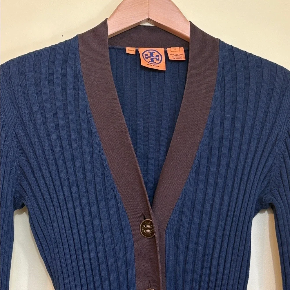 Tory Burch Simone Navy Brown Ribbed 100% Cotton V Neck Button Knit Cardigan S